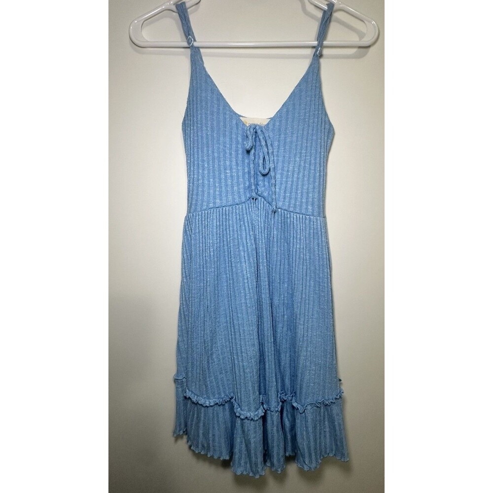 Ocean Drive Light Blue Ribbed Knit Tie Front Midi Dress Ruffle Hem Small